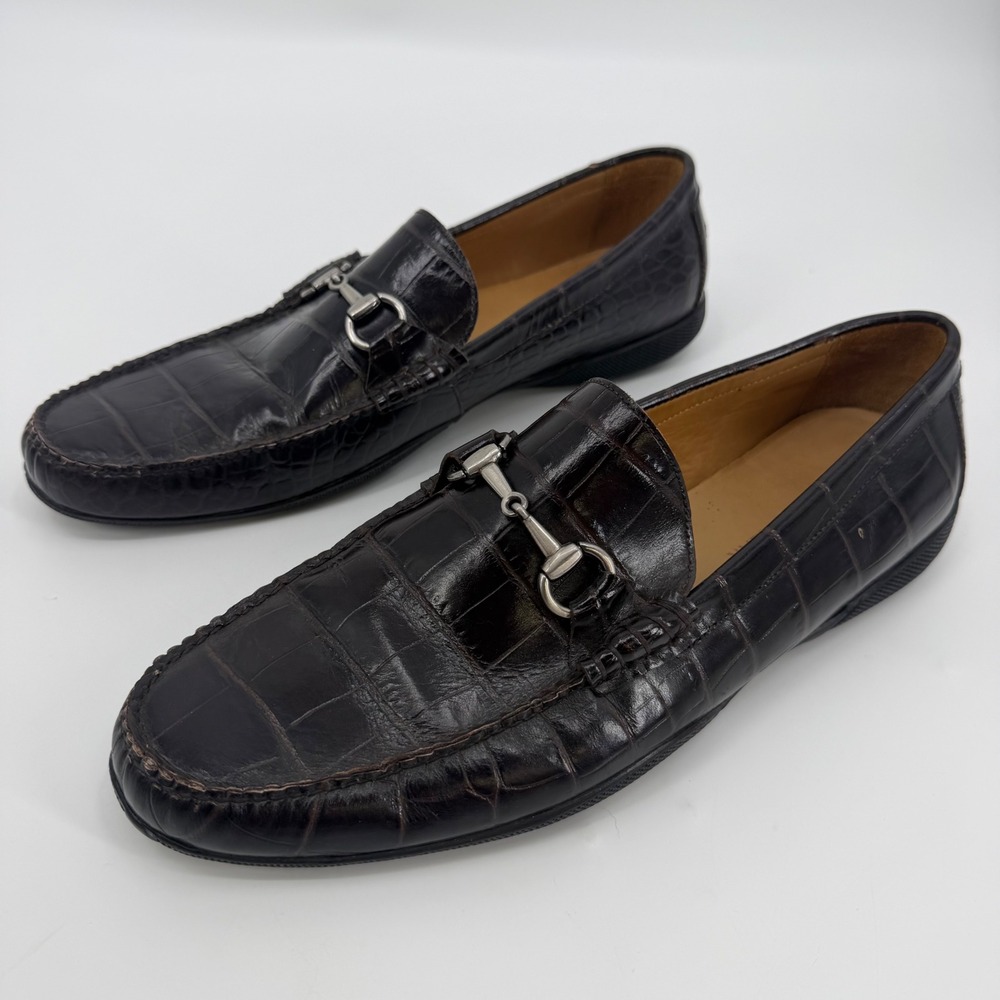 Peter Millar Mens Dark Brown Croc Embossed Leather Bit Loafers 12.5 M 14488